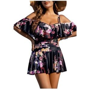 COCOPEAR One Piece Flounce Off Shoulder Bathing Suit Tummy Control Swimdress